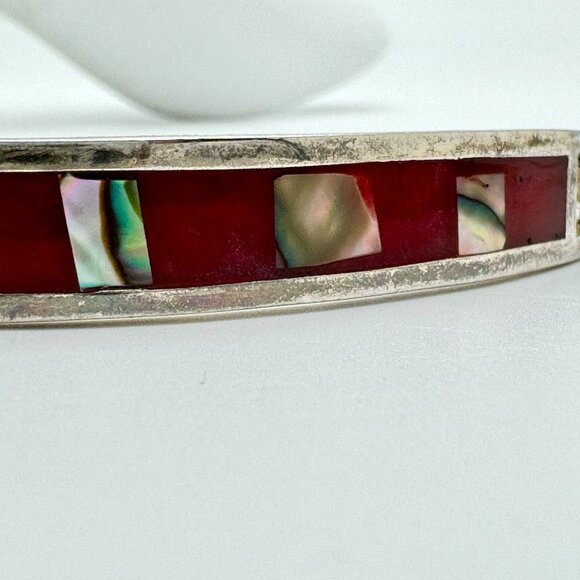 Vintage Mexican Alpaca Silver Tone Bracelet With Red Enamel & Abalone Inlay - Picture 9 of 9